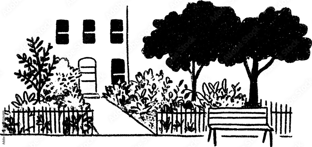 Naklejka premium Hand-drawn sketch of a fenced street garden with benches and trees