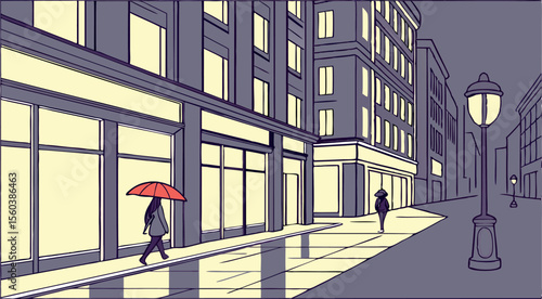 Illustration of a rainy city street scene at night with people walking and street lights glowing softly