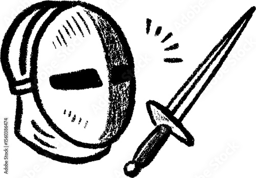 Hand-drawn sketch of fencing mask and foil sword with textured details