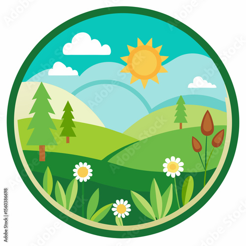 Round Realistic spring green grass field with flowers isolated border on transparent background
