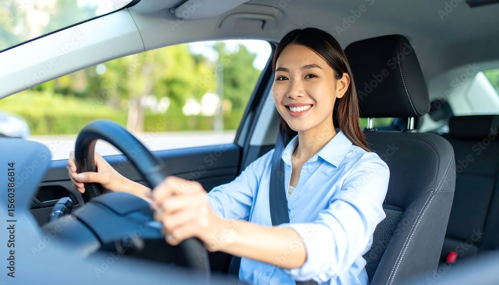 Focused young asian woman driving a car with determination while navigating through busy city streets Focused young asian woman driving a car with determination while navigating through busy city streets