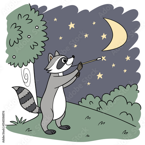 A raccoon standing on a hill reaching for the moon and stars with a stick under a starry night sky
