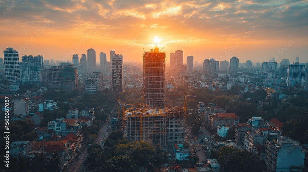 Obraz premium Sunrise over a city skyline with a skyscraper under construction
