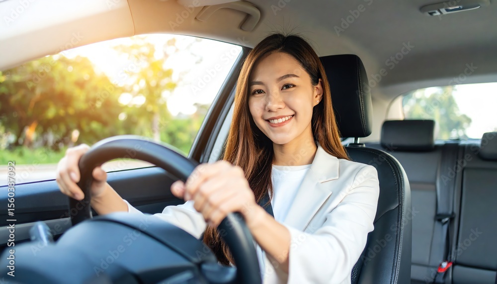 Confident young asian woman driving a car while enjoying the scenic views on a bright sunny day Confident young asian woman driving a car while enjoying the scenic views on a bright sunny day