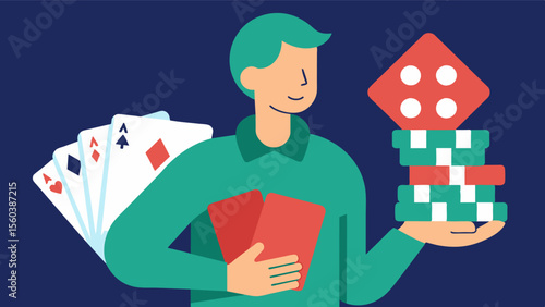 A person holding a deck of cards and a stack of poker chips with the phrase Exercising memory and decisionmaking abilities through card games like poker.. Vector illustration