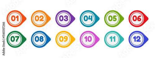 Icon template multicolored bullet point markers with numbers from one to twelve. Brightly colored flag markers.Vector flat illustration , isolated on white background