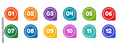 Colorful bullet points set of numbers from zero to twelve. Multicolored circles and numbers. Set of markers with numbers.  Vector flat icons isolated on white background
