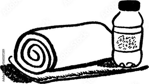 Fitness essentials: foam roller and water bottle sketch with towel