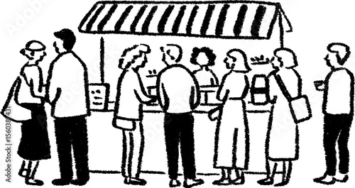 Vibrant street food stall scene with people in a sketch style for urban design