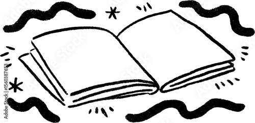 Artistic sketch of an open sketchbook with dynamic scribbles and frames