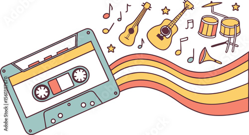 Retro cassette tape with musical instruments and notes emanating in colorful waves illustration style