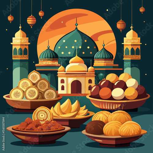 Eid Mubarak Sweets and Mosque: Traditional Desserts and Islamic Architecture for Festive Celebrations