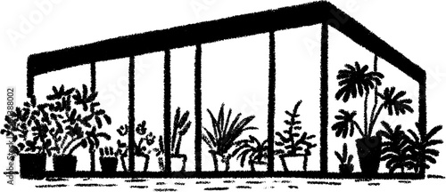 Black and white sketch of glass walled sunroom with indoor greenery