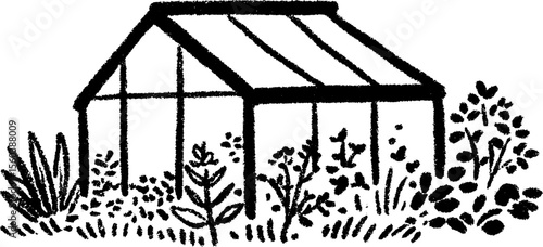 Hand drawn sketch of glass walled sunroom surrounded by greenery