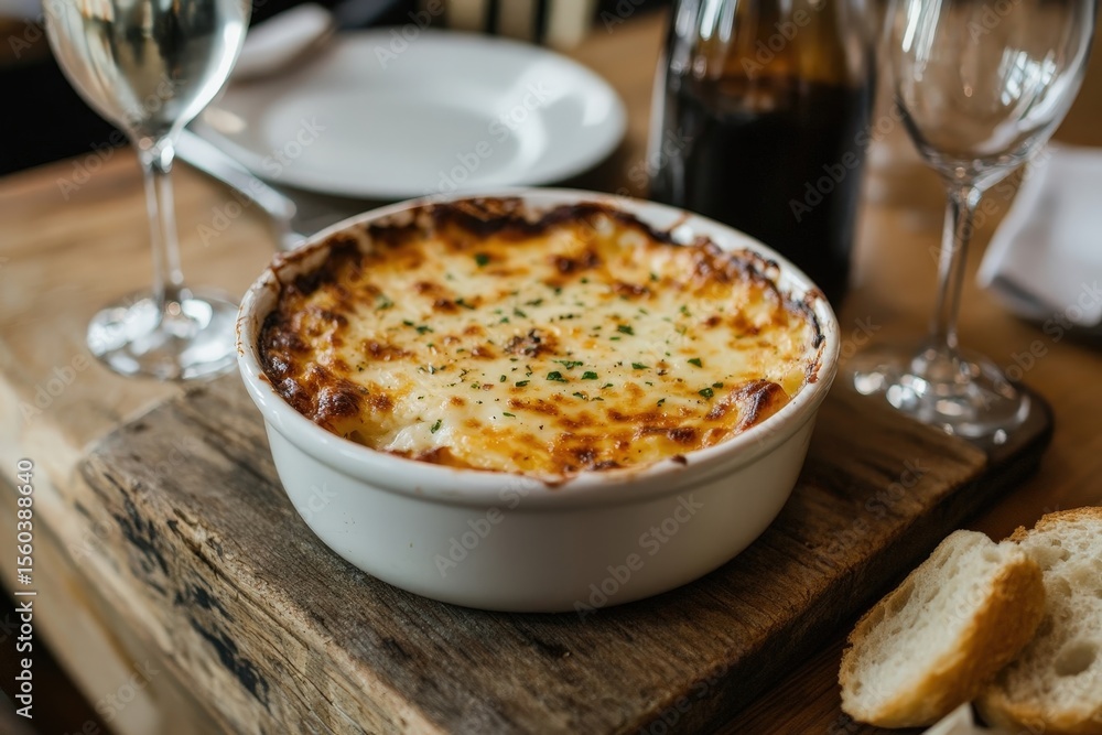 Golden baked cheesy dish on rustic wooden table Golden baked cheesy dish on rustic wooden table
