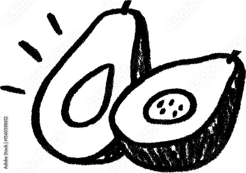 Hand drawn sketch of halved avocado with stone on black background for creative designs