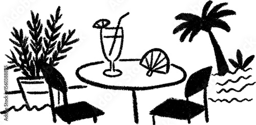 Charming summer café scene with hand fan and cold drink in sketch style