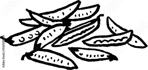 Hand drawn sketch of fresh peas in pods with open peapods