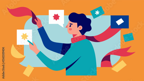 A creative individual using a variety of materials such as ribbons stickers and quotes to add a personal touch to their photo montage.. Vector illustration