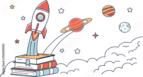 Illustration of a rocket launching from a stack of books surrounded by planets and stars in the sky