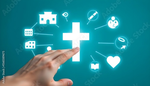 Hand Interacting with Glowing Christian Healthcare Network Concept