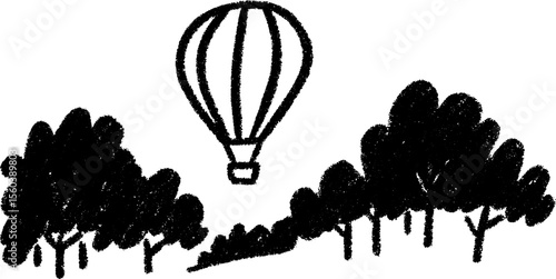 Whimsical hot air balloon floating above forest in hand-drawn sketch