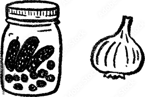 Sketch of pickle jar and garlic bulb with hand drawn texture for design