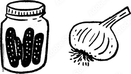 Hand-drawn sketch of pickles in a jar with garlic for culinary design