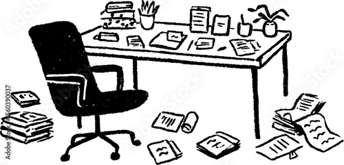 Cluttered journalist's desk sketch featuring papers and office supplies
