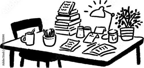 Journalist's cluttered desk - cozy workspace with office supplies and lamp