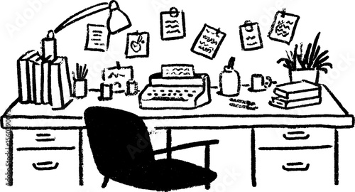 Artistic depiction of a journalist's cluttered desk with office supplies