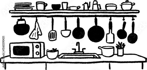 Charming kitchenette sketch with small appliances and utensils for interior design concepts
