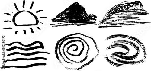 Artistic sketch of labyrinth and sun cross with rising sun theme for creative design