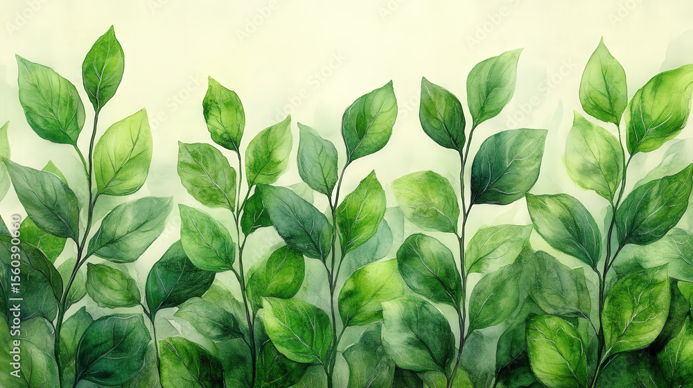 Obraz premium Color pencil sketch of fresh green leaves and branches in nature theme background, perfect for Earth Day, eco-friendly projects, green life concept, environmental awareness poster, sustainability