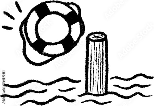 Nautical lifebuoy hanging on wooden post sketch for sea safety and marine design
