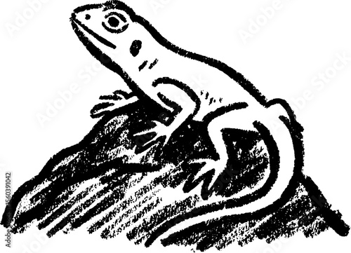 Lizard basking on rock sketch with bold black lines for nature design