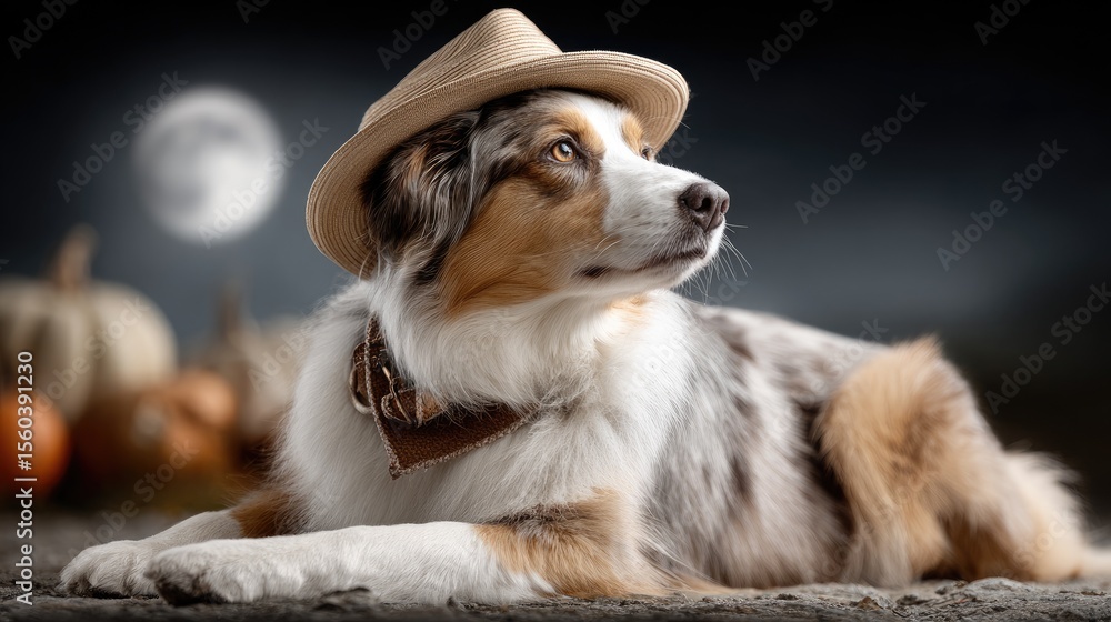 Fototapeta premium Adorable Australian Shepherd enjoys Halloween festivities with pumpkins and witch hats, highlighted by a beautiful moon overhead.