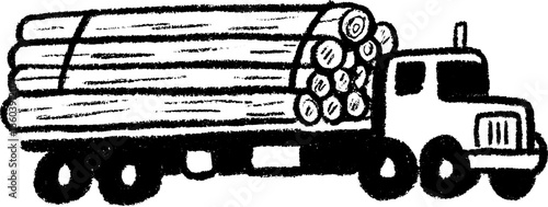 Hand drawn sketch of a log transport truck with tied down timber for rustic design