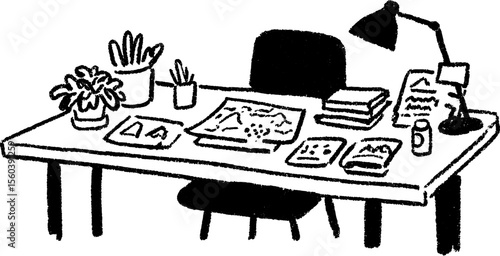 Logistics manager's desk sketch with maps and office supplies