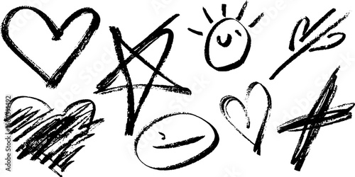 Playful sketch of lopsided heart and tilted star with abstract doodles