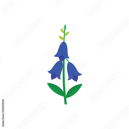 Stylised bluebell flower with green leaves and stem on white background