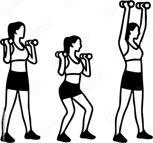 vector illustration of women doing dumbbell push press exercise, isolated on white