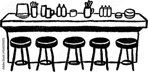 Hand drawn sketch illustration of lunch counter with stools and condiments for design projects