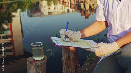 Female environmental researcher checks water conditions randomly collects wastewater samples river outside the factory environmental friendliness and records the data on a clipboard.