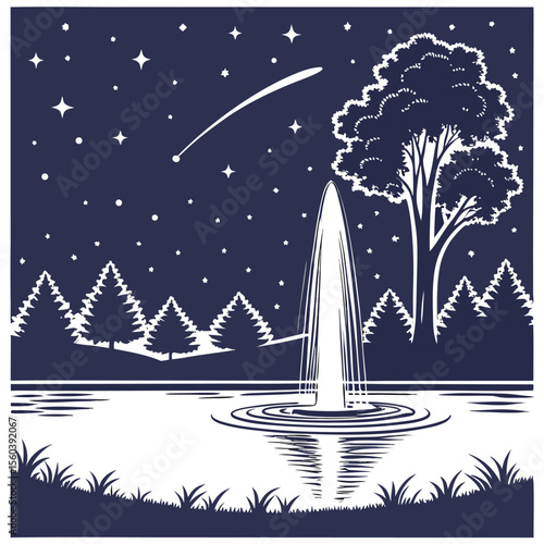 Illustration of a fountain in a lake under a starry night sky with a comet and trees surrounding it