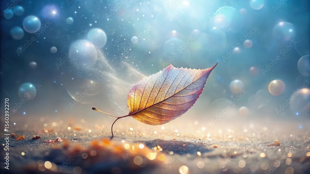 Fototapeta premium A Single Delicate Leaf Floating in a Dreamlike, Sparkling, and Mystical Atmosphere with Gentle Light Effects
