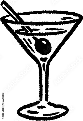 Classic martini glass sketch with olive and stirrer for cocktail party design