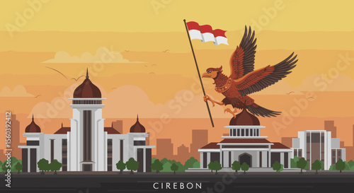 This vector image showcases the Cirebon city skyline with the red bird flying above, proudly holding the Indonesian flag.