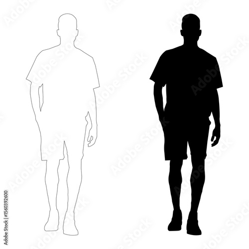  Full-length silhouette of a man walking or standing, with one hand in his pocket, isolated on a white background.