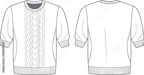 CAD drawing flat vector illustration of men’s cable knit sweater, front and back views, ribbed cuff and hem, technical fashion sketch, garment layout, stylish apparel design